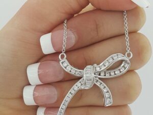 Round & Baguette Cut Diamond Bow Pendant Necklace 17.5" 1.5 ct 18K White Gold