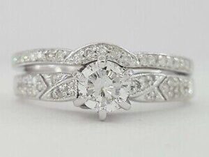 0.65 ct 14K White Gold Round Cut Diamond Engagement Ring & Wedding Band Set