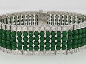 Vintage Jade Beads Bracelet 6.5" 42.6 Gr 17.8mm 3.18 ct 18K White Gold Diamond