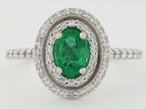 Oval Green Emerald & Diamond Double Halo 0.94 ct 14K White Gold Engagement Ring