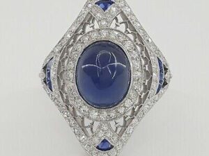 Vintage Art Deco Platinum Sugarloaf Sapphire & Old Mine Diamond Ring 6.16 ct