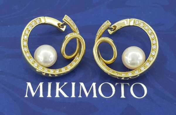 Mikimoto 18k Yellow Gold 7.5mm Akoya Pearl 0.9 ct Diamonds Circle Loop Earrings