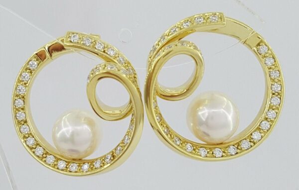 Mikimoto 18k Yellow Gold 7.5mm Akoya Pearl 0.9 ct Diamonds Circle Loop Earrings