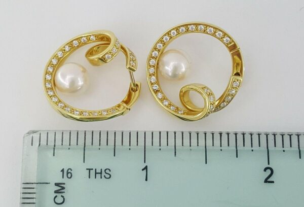 Mikimoto 18k Yellow Gold 7.5mm Akoya Pearl 0.9 ct Diamonds Circle Loop Earrings
