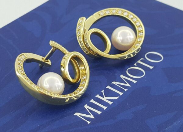 Mikimoto 18k Yellow Gold 7.5mm Akoya Pearl 0.9 ct Diamonds Circle Loop Earrings