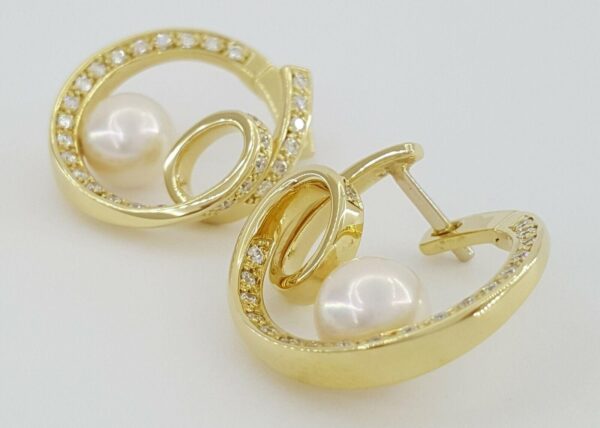 Mikimoto 18k Yellow Gold 7.5mm Akoya Pearl 0.9 ct Diamonds Circle Loop Earrings