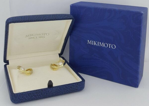 Mikimoto 18k Yellow Gold 7.5mm Akoya Pearl 0.9 ct Diamonds Circle Loop Earrings