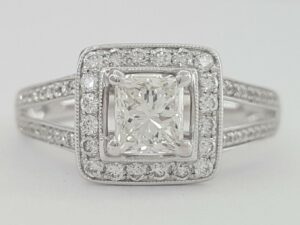 Princess Diamond Halo Split Shank Engagement Ring 0.95 ct 14k White Gold