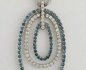 1.15 ct 14K White Gold Blue & White Diamonds 3 Oval Hoops Pendant Rtl 1,995