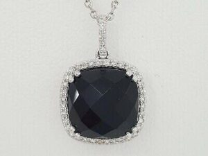 2.74 ct 14K White Gold Cushion Cut Black Agate & Diamonds Halo Pendant Necklace