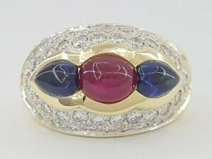 Cab Ruby Sapphire & Pave Diamond Statement Ring Vintage 4.2 ct 18K Yellow Gold