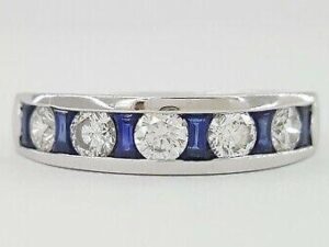 A.Jaffe Round Diamond & Blue Sapphire Wedding Band Ring 1.5 ct 18K White Gold