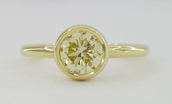 Bezel Set Fancy Yellow Diamond Solitaire Engagement Ring 0.75 ct 18K Gold GIA