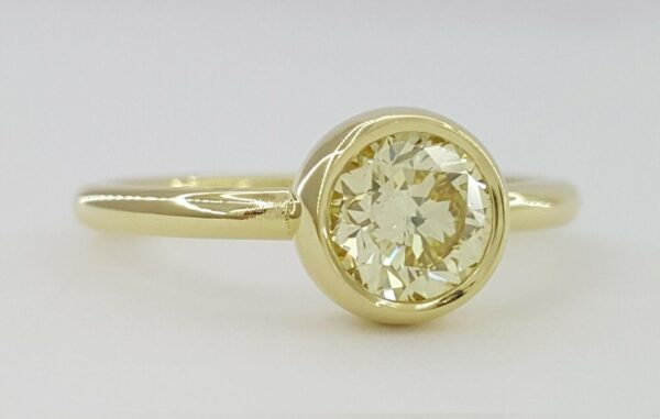 Bezel Set Fancy Yellow Diamond Solitaire Engagement Ring 0.75 ct 18K Gold GIA