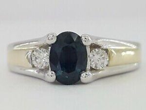 1.12 ct 14K 2-Tone Gold Oval Blue Sapphire Diamond Three 3-Stone Ring Size 6.5