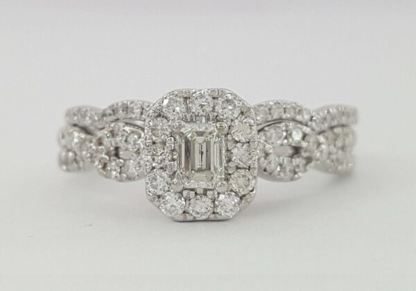 Emerald Round Diamonds Halo Engagement Ring & Band Set 0.59 ct 14K White Gold