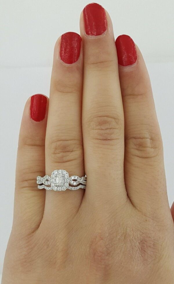 Emerald Round Diamonds Halo Engagement Ring & Band Set 0.59 ct 14K White Gold