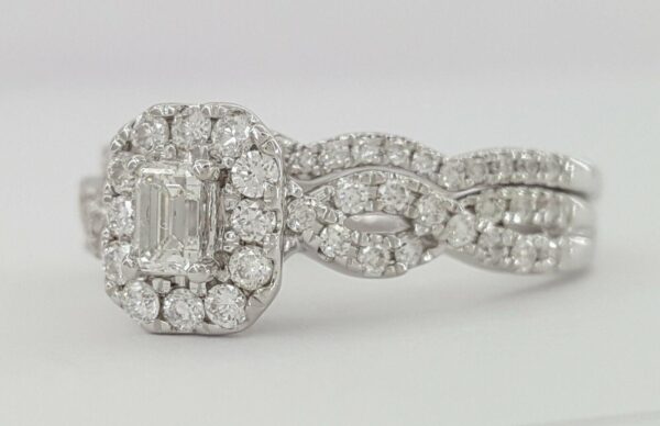 Emerald Round Diamonds Halo Engagement Ring & Band Set 0.59 ct 14K White Gold