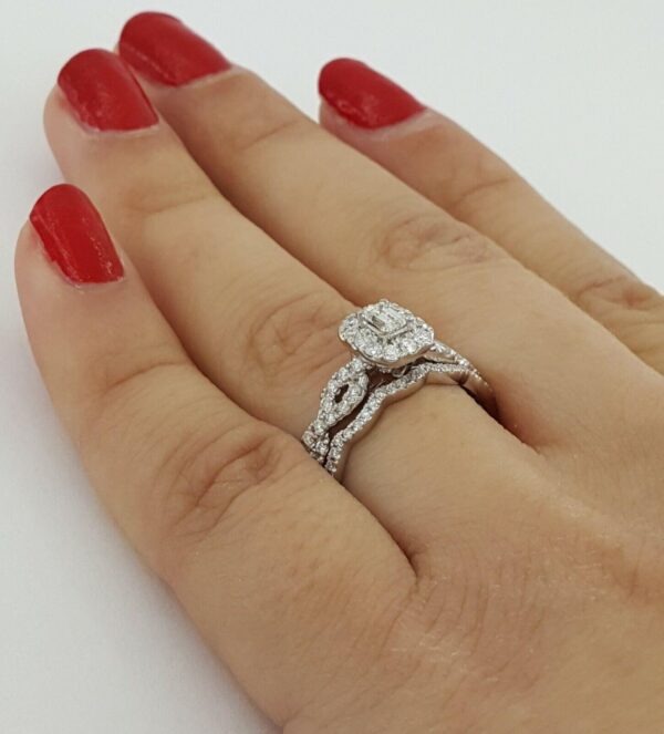 Emerald Round Diamonds Halo Engagement Ring & Band Set 0.59 ct 14K White Gold