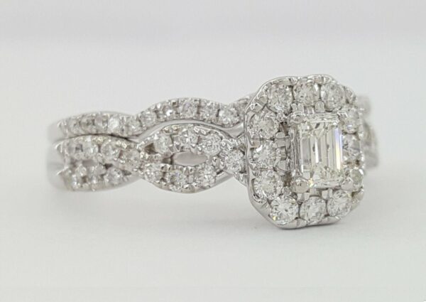 Emerald Round Diamonds Halo Engagement Ring & Band Set 0.59 ct 14K White Gold