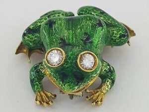 Vintage Round Diamond & Green Enamel Frog Brooch / Pin Pendant 18K Gold 0.28 ct