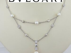 Bvlgari Bulgari Lucia 7-9 mm Pearl 0.60 ct Diamonds Dangle Necklace 18k W Gold