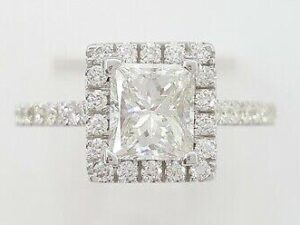 Rectangular Princess Cut Diamond Halo Engagement Ring 1.45 ct 14K GIA F/VS2