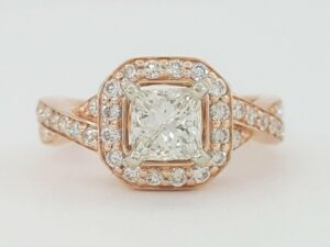 Princess & Round Cut Diamond Halo Engagement Ring 0.87 ct 14K Rose Gold Rtl 3.5K