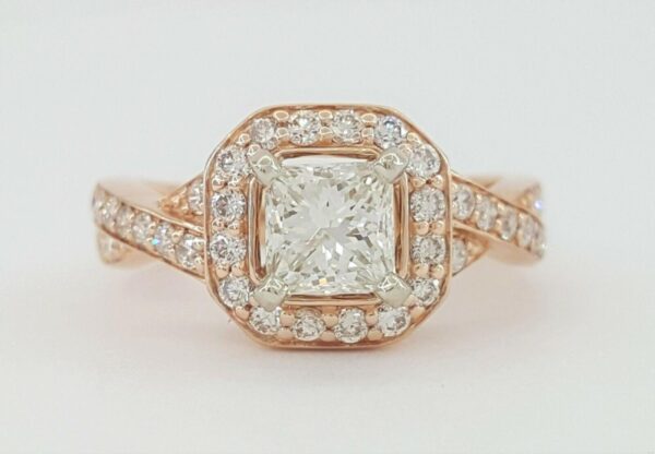 Princess & Round Cut Diamond Halo Engagement Ring 0.87 ct 14K Rose Gold Rtl 3.5K