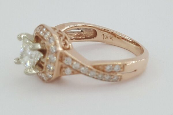 Princess & Round Cut Diamond Halo Engagement Ring 0.87 ct 14K Rose Gold Rtl 3.5K