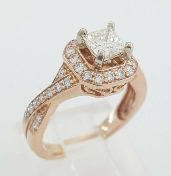 Princess & Round Cut Diamond Halo Engagement Ring 0.87 ct 14K Rose Gold Rtl 3.5K