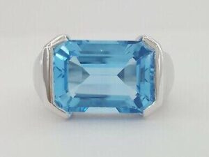 14K White Gold 14x10mm Emerald Cut London Blue Topaz Cocktail / Statement Ring