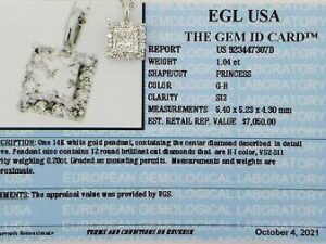 1.24 ct 14K White Gold Princess Cut Diamond Halo Pendant Necklace EGL Rtl 7,050