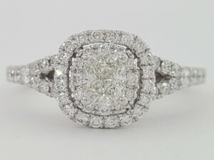 Cushion & Round Cut Diamond Double Halo Engagement Ring 1.14 ct 14K White Gold