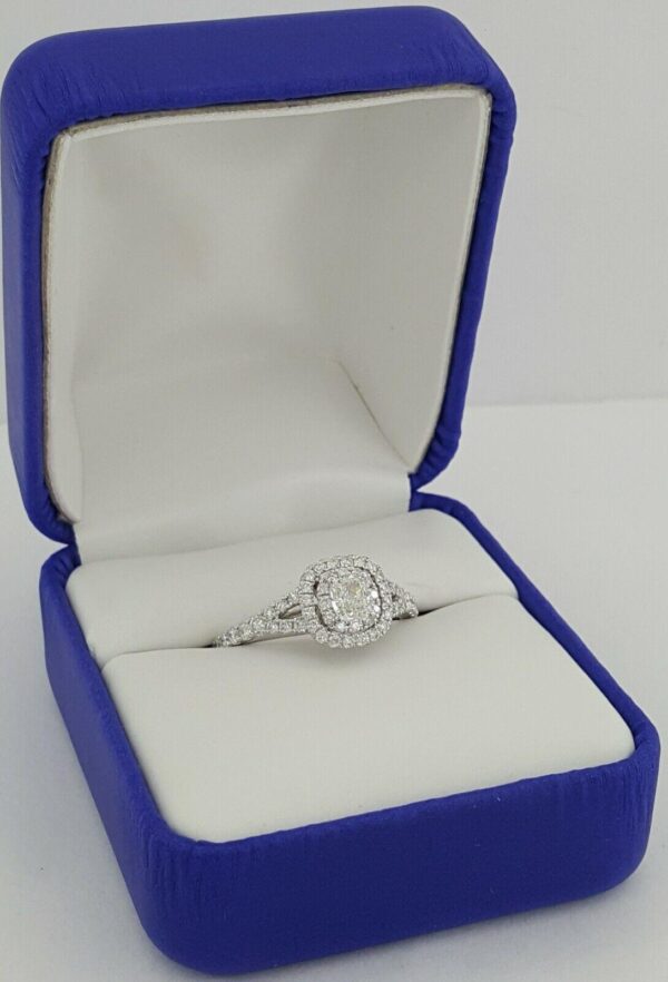 Cushion & Round Cut Diamond Double Halo Engagement Ring 1.14 ct 14K White Gold