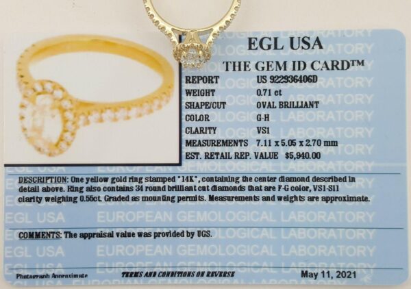 1.26 ct 14K Yellow Gold Oval Cut Diamond Halo Engagement Ring EGL-USA Rtl 5,940