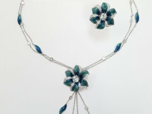 Victor Mayer Serenade Diamond Aquamarine Enamel Flower Necklace Ring 18K 7.74 ct