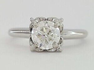 0.75 ct Vintage 14k White Gold Round Transition Cut Diamond Engagement Ring GIA