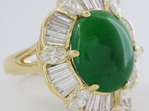 18K Yellow Gold 6.38 ct Cabochon Cut Green Jade & Diamond Halo Ballerina Ring