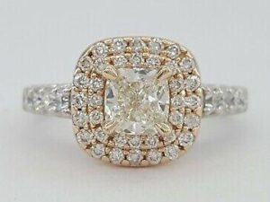 1.6 ct 14K 2-Tone Gold Cushion Cut Diamond Double Halo Engagement Ring GIA