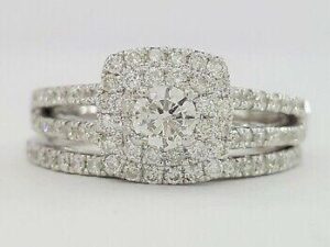 Round Cut Diamond Double Halo Split Shank Engagement Ring 1.03 ct 14K White Gold