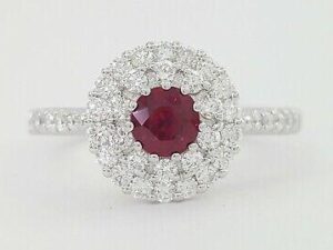 Oval Cut Ruby & Round Diamond Double Halo Engagement Ring 1 ct 18k White Gold