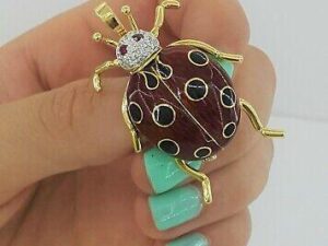 Vintage 18K Gold & Enamel Lady Bug 0.30 ct Ruby Round Diamond Brooch / Pendant