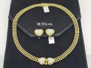 H.Stern 2.28 ct 18K Yellow Gold Double Heart Diamond Necklace & Earrings 79.4gm