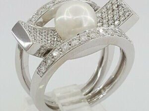 Akoya Pearl & Round Cut Diamond Statement Ring 8.5mm 1.16 ct 18K White Gold 5K