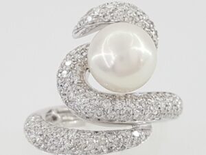 Akoya Pearl & Diamond Snake Swirl Statement Ring 9mm 1.5 ct 18K White Gold 6K