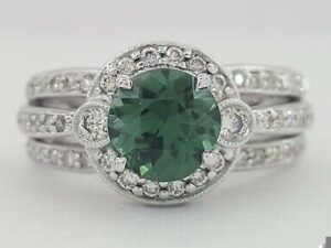 Round Green Tourmaline & Diamonds Halo Statement Ring 18K White Gold 1.95 ctw