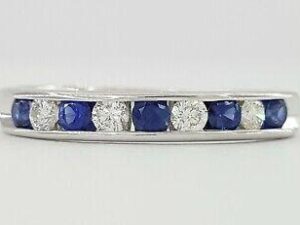 0.43 ct 14K White Gold Round Diamond & Blue Sapphire Haft Circle Band Ring 3.2mm