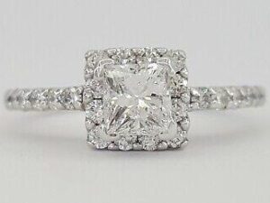 Princess Cut Diamond Halo Engagement Ring 0.93 ct tw 14K White Gold E SI2 3499