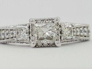 3 Three-Stone Princess Halo Diamond Engagement Ring 1 ct 14K White Gold